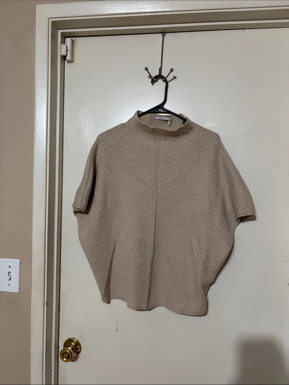 Women's Cream Short-Sleeve Ribbed Turtleneck Sweater Blouse
